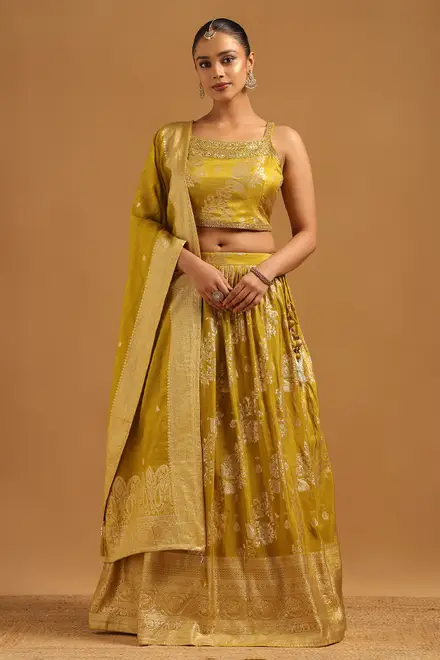 Light Green Brocade Zari Woven Lehenga With Mirror & Stone